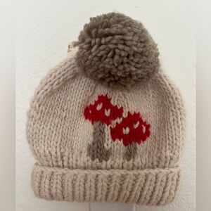 Adorable Cream Knit Kids Beanie with Red Mushroom Motif